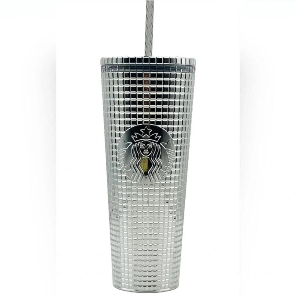 Starbucks Tumbler Rare Disco Silver Chrome Mirror Grid 24oz New